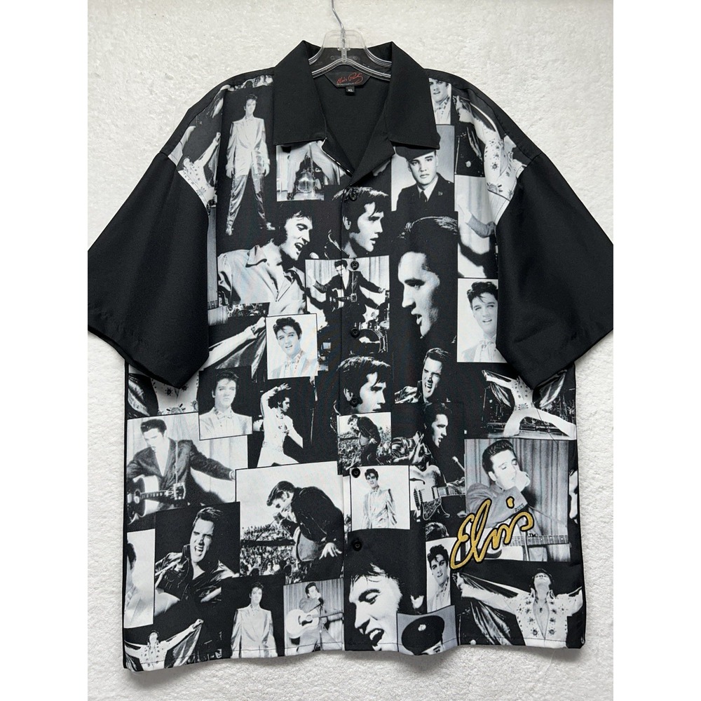 Elvis Presley Mens Size XL Black Long Sleeve Collage Club Button Up Shirt (U2)